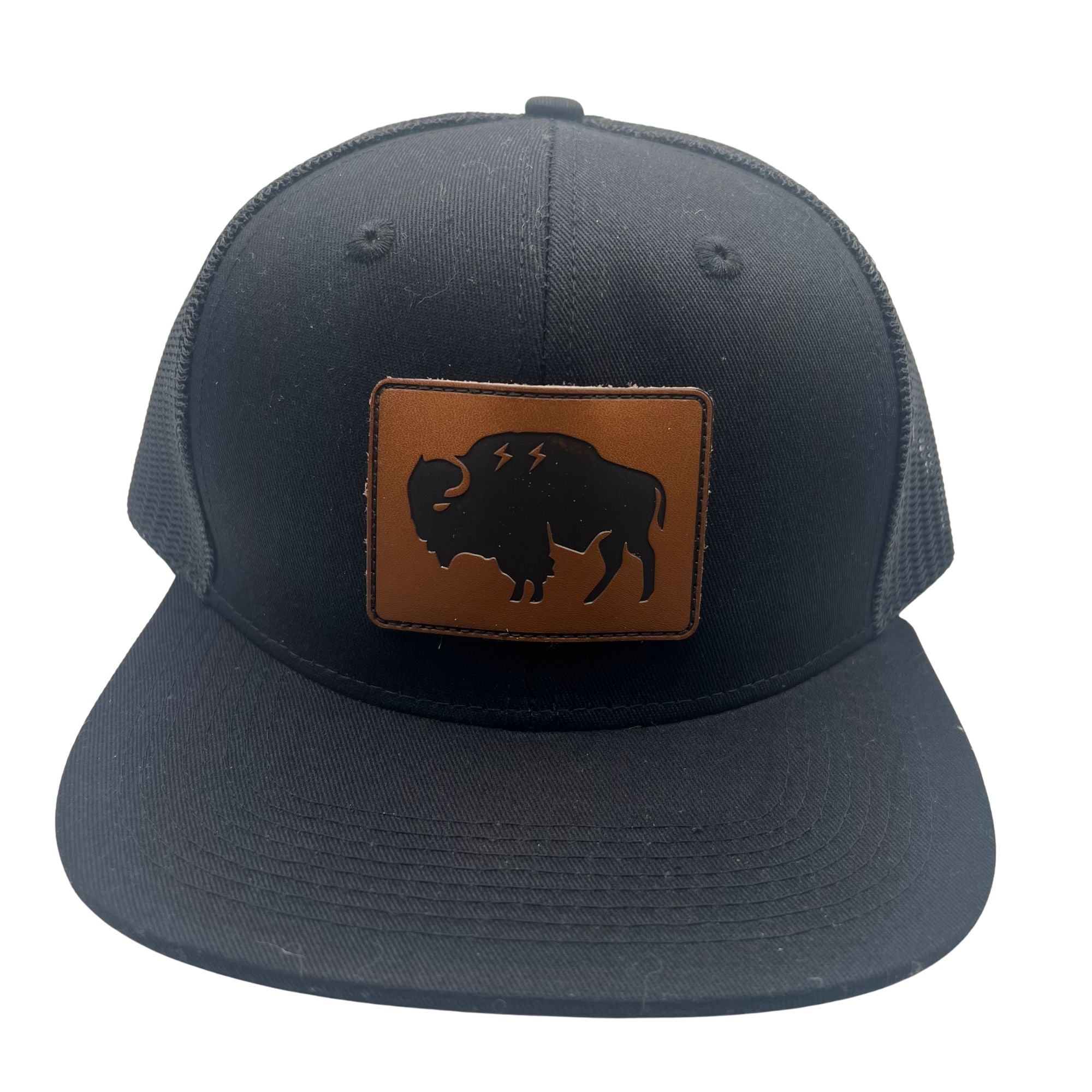 Wild Buffalo Outfitters All Black Flat Bill Snapback Hat with Premium Leather Patch