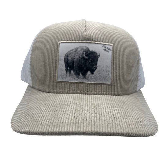 Front View of Wild Buffalo Outfitters Khaki & White Corduroy Western Cap with Buffalo Patch