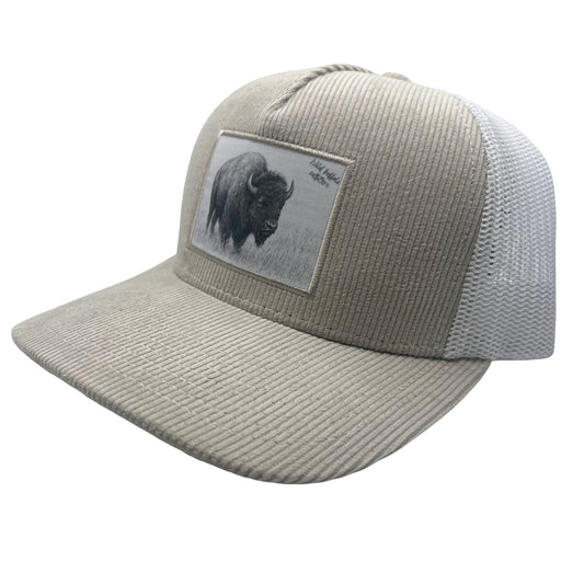 Front View of Wild Buffalo Outfitters Khaki & White Corduroy Western Hat with Buffalo Patch