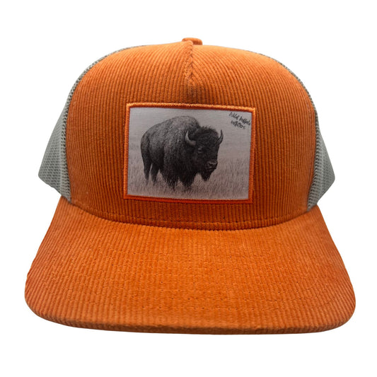 Front View of Wild Buffalo Outfitters Orange & Gray Corduroy Western Cap with Buffalo Patch