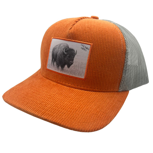 Front View of Wild Buffalo Outfitters Orange & Gray Corduroy Western Hat with Buffalo Patch