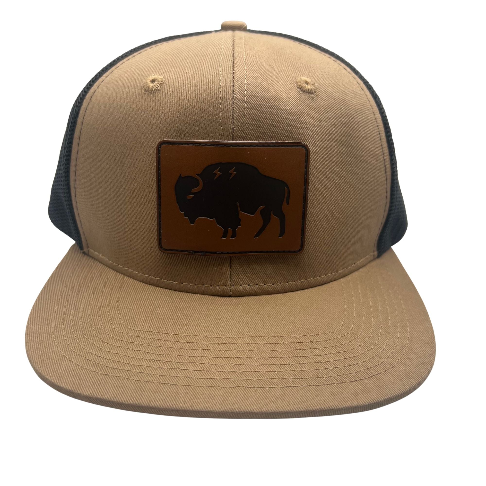 Wild Buffalo Outfitters Tan & Black Flat Bill Snapback Hat with Premium Leather Patch