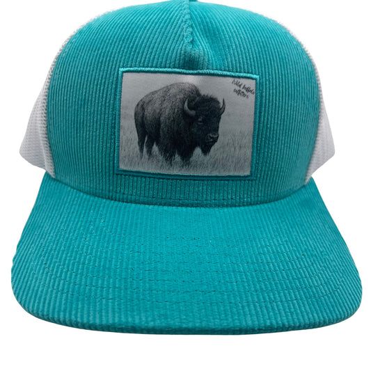 Front View of Wild Buffalo Outfitters Turquoise & White Corduroy Western Cap with Buffalo Patch