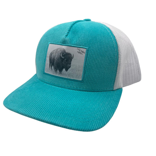 Front View of Wild Buffalo Outfitters Turquoise & White Corduroy Western hat with Buffalo Patch
